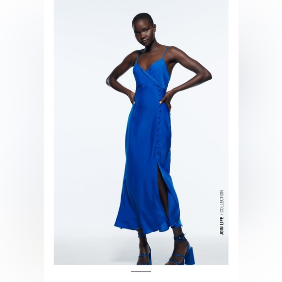 ZARA SATIN LINGERIE STYLE DRESS COBALT - Picture 2 of 9